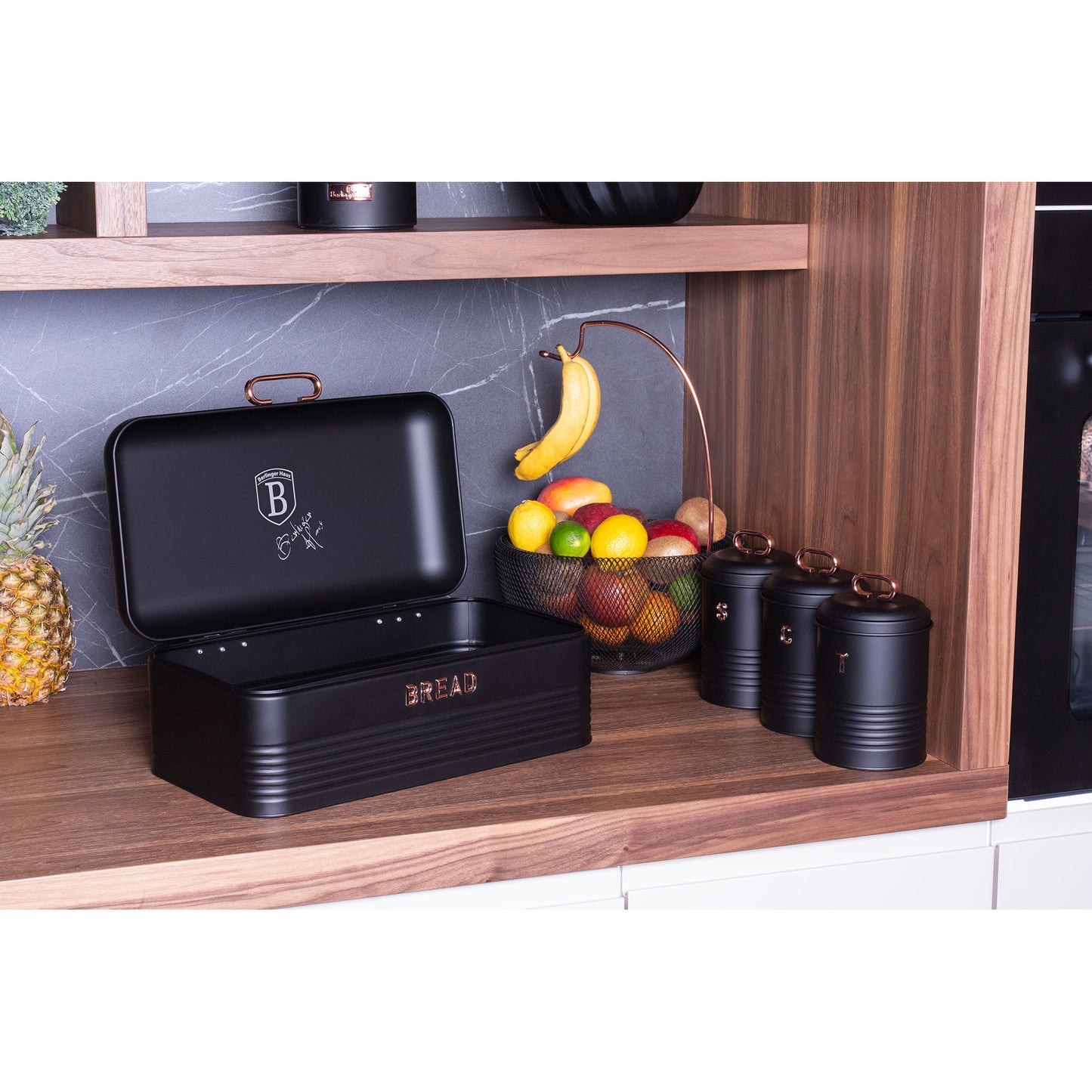 Panera De Mesa +juego 3 Botes Cocina Almacenaje Acero Inoxidable Contenedor De Pan Con Tapa Berlinger Haus Black Rose, Oro Rosado/negro_3