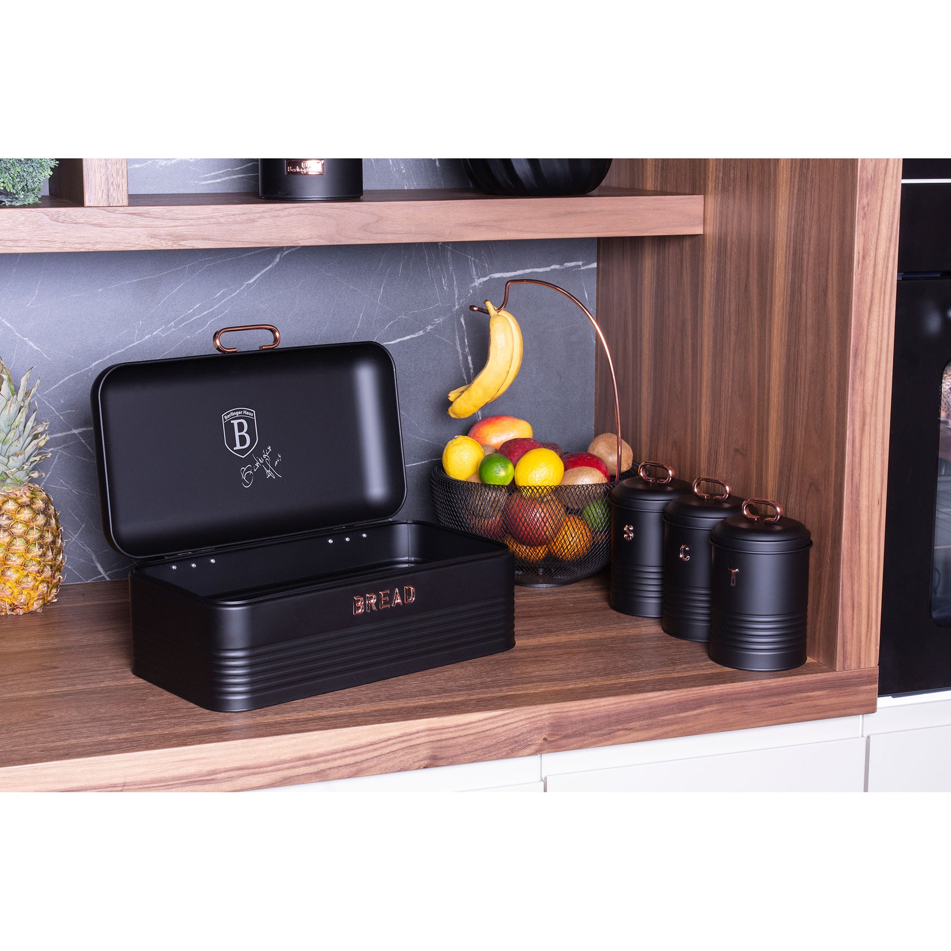 Panera De Mesa +juego 3 Botes Cocina Almacenaje Acero Inoxidable Contenedor De Pan Con Tapa Berlinger Haus Black Rose, Oro Rosado/negro_3