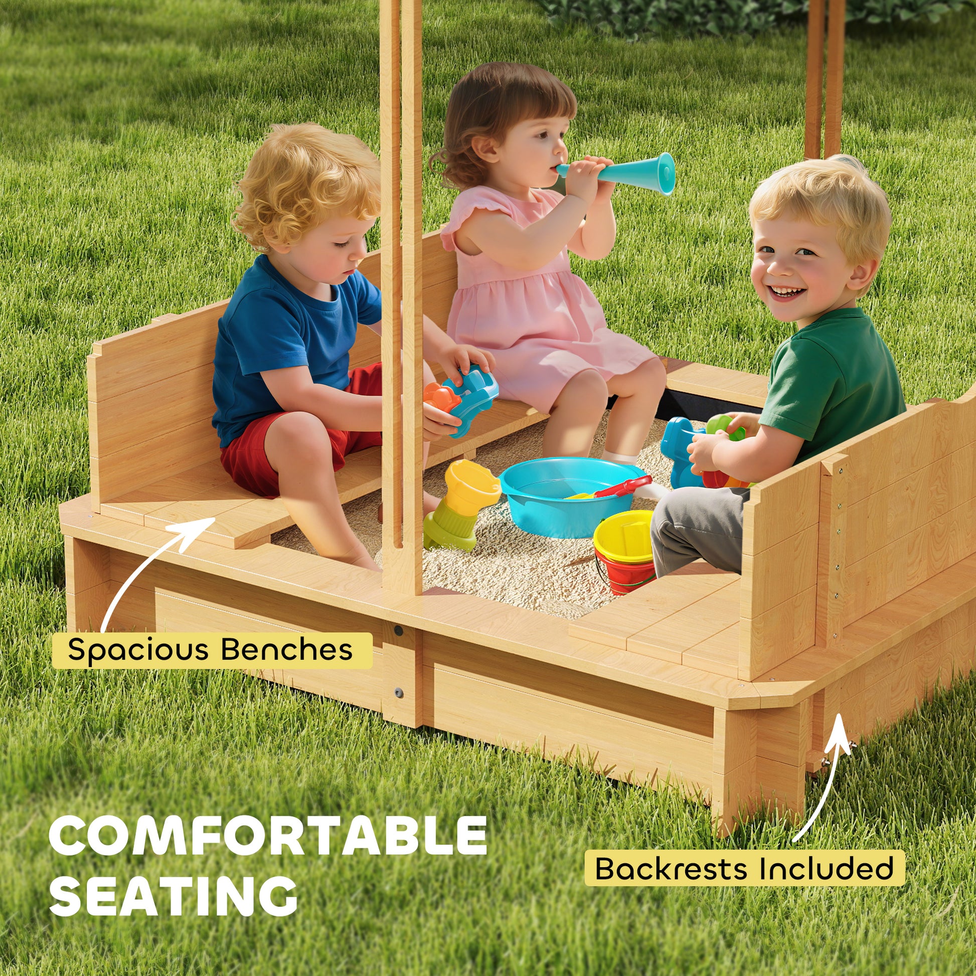 Outsunny Arenero Para Niños De Madera Con Toldo Ajustable 106x106x115 Cm Natural_3