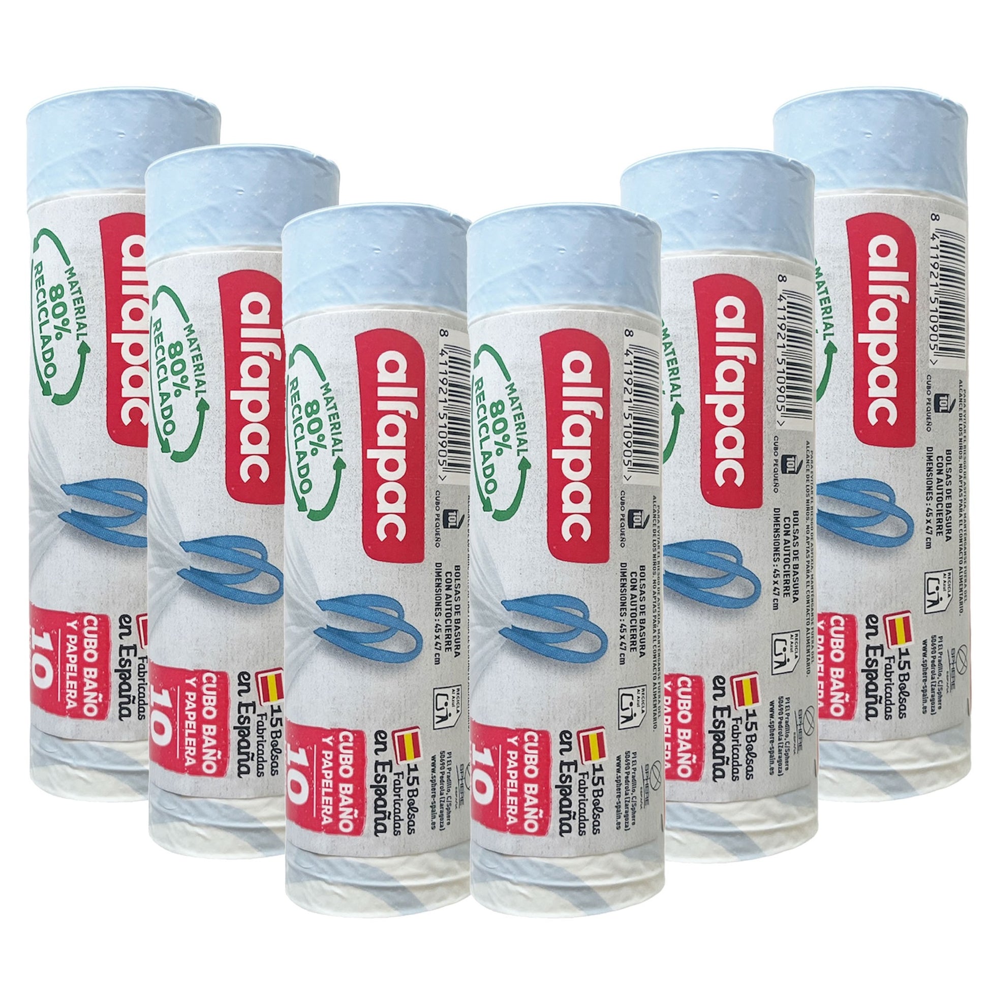 80% Reciclado 6 Rollos De 15 Bolsas De Basura 10l Con Autocierre