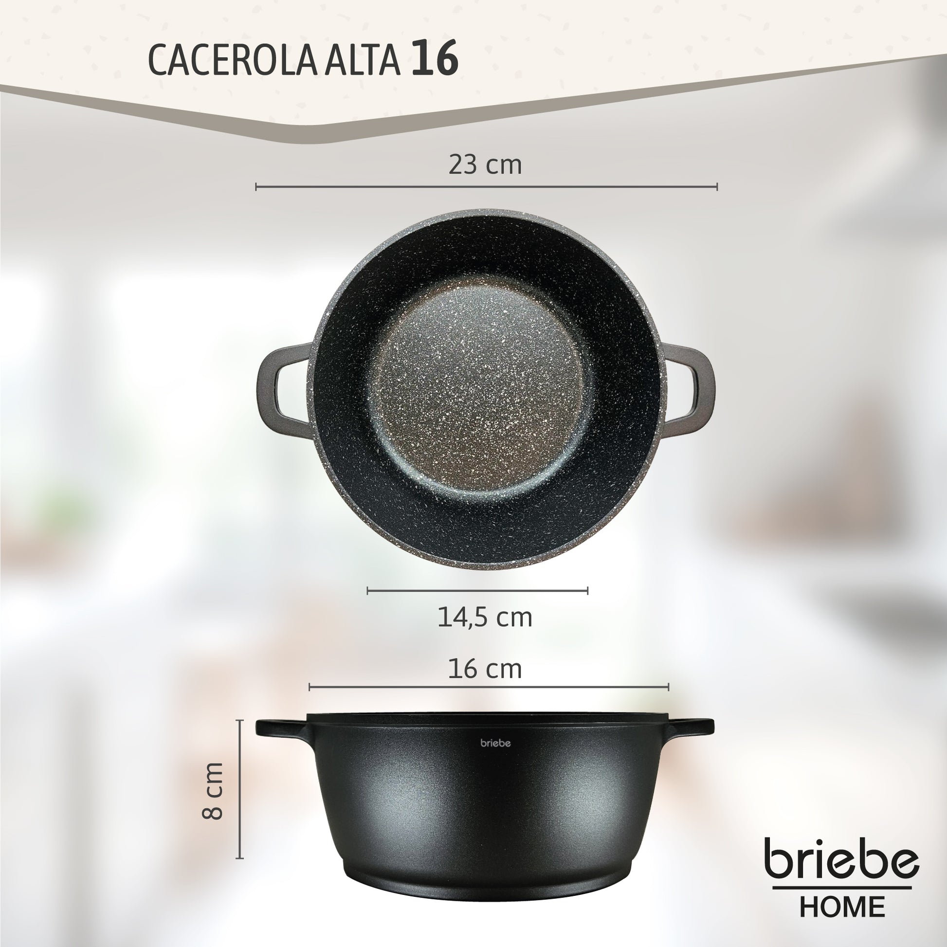 Briebe Cacerola Cocina Inducción Antiadherente Titanio, Cazuela 16cm, Aluminio Fundido Sin Pfoa, Tapa, Black Titanium_2