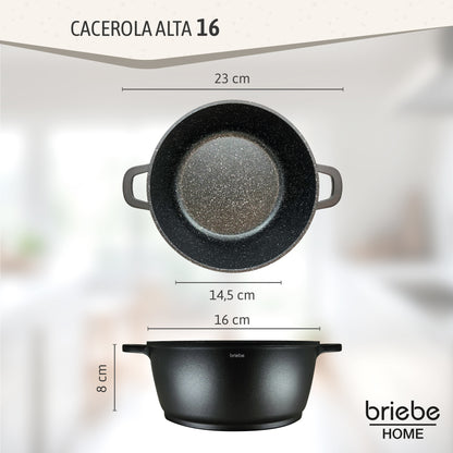 Briebe Cacerola Cocina Inducción Antiadherente Titanio, Cazuela 16cm, Aluminio Fundido Sin Pfoa, Tapa, Black Titanium_2