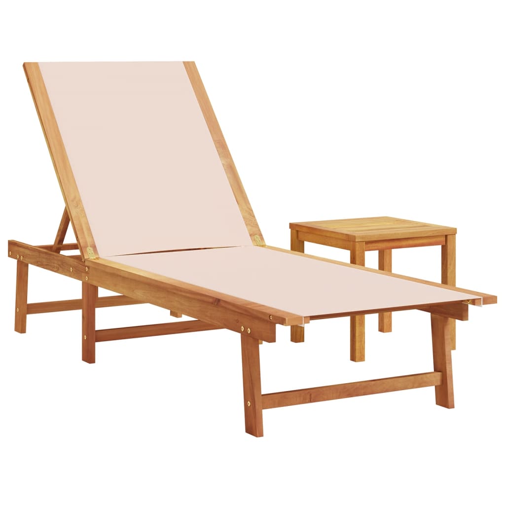 Tumbonas 2 Uds Con Mesa Madera Maciza Acacia Y Textileno Crema / Vetonek_5