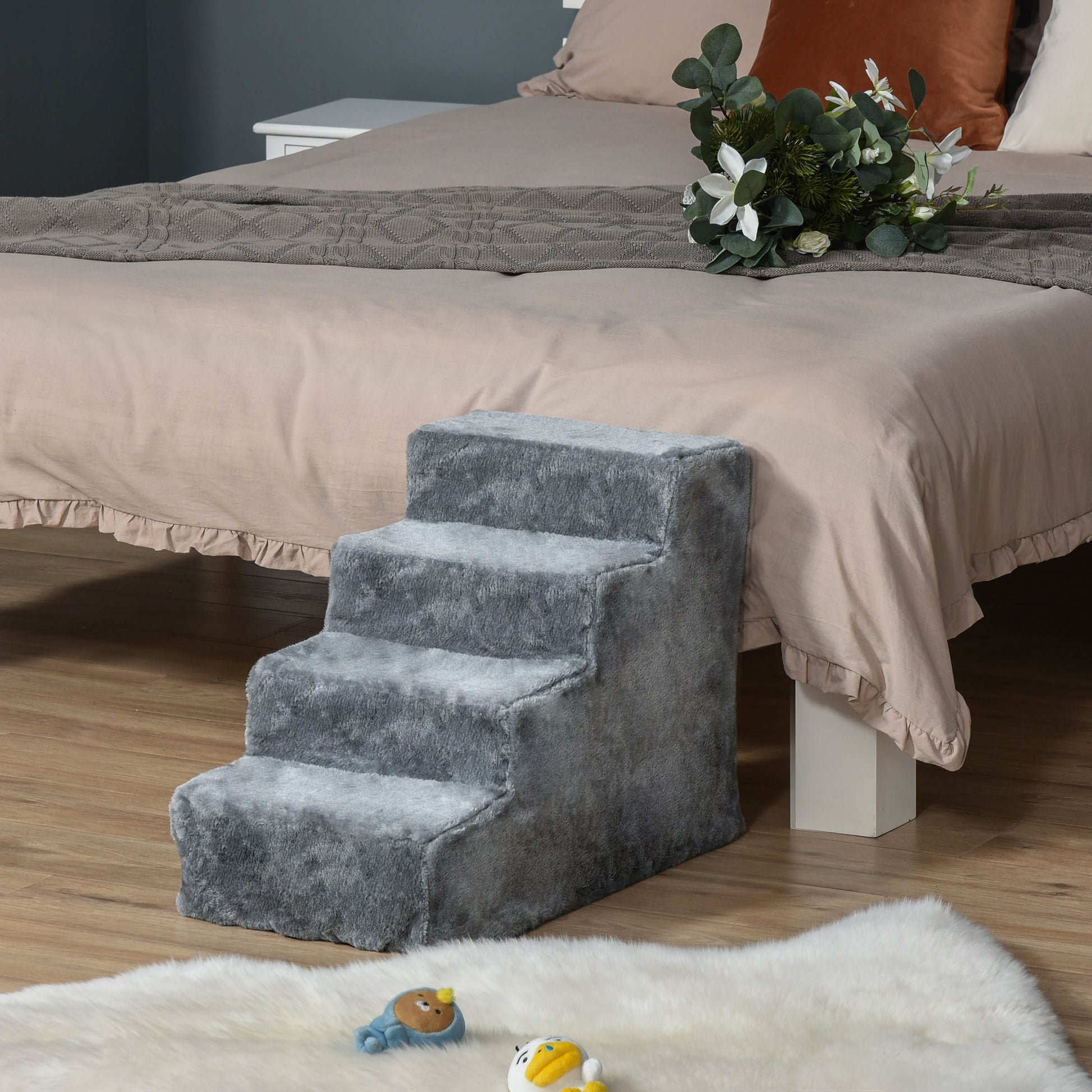 Pawhut Escalera Para Mascotas De 4 Peldaños Con Funda Extraíble 60x35x44 Cm Gris_1