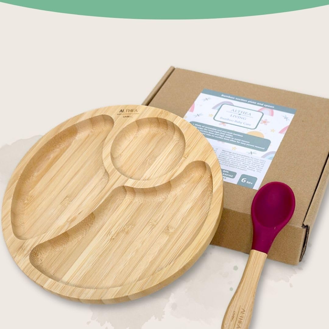 Vajilla De Bambú Natural Para Bebé Con Ventosa Antideslizante 2 Piezas Althea Living Rojo Carmesí_3
