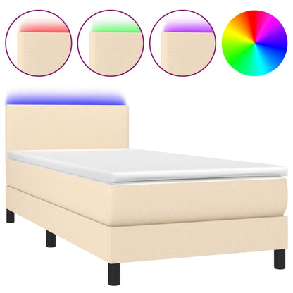 Cama Box Spring Con Colchón Y Led Tela Crema 90x190 Cm / Vetonek_0