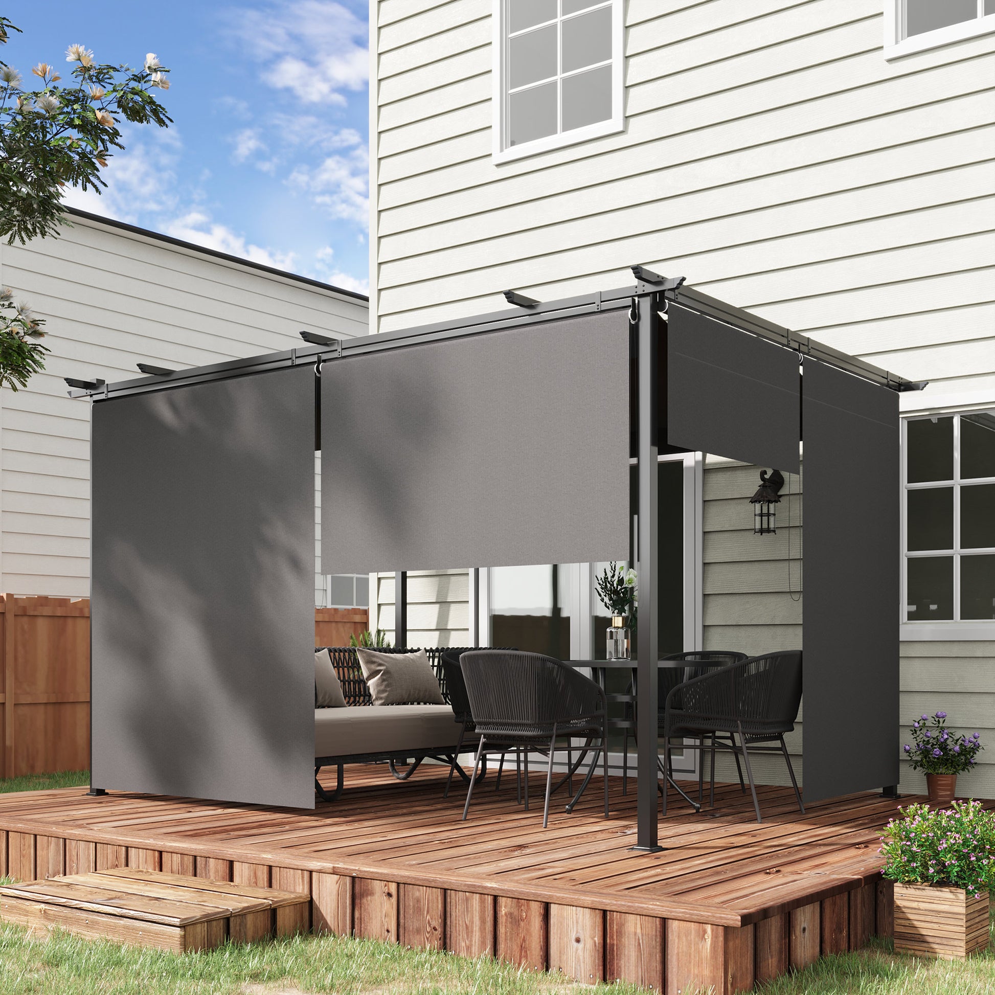 Outsunny Pérgola De Jardín 4x3 M Con Techo Retráctil 4 Cortinas Enrollables_4