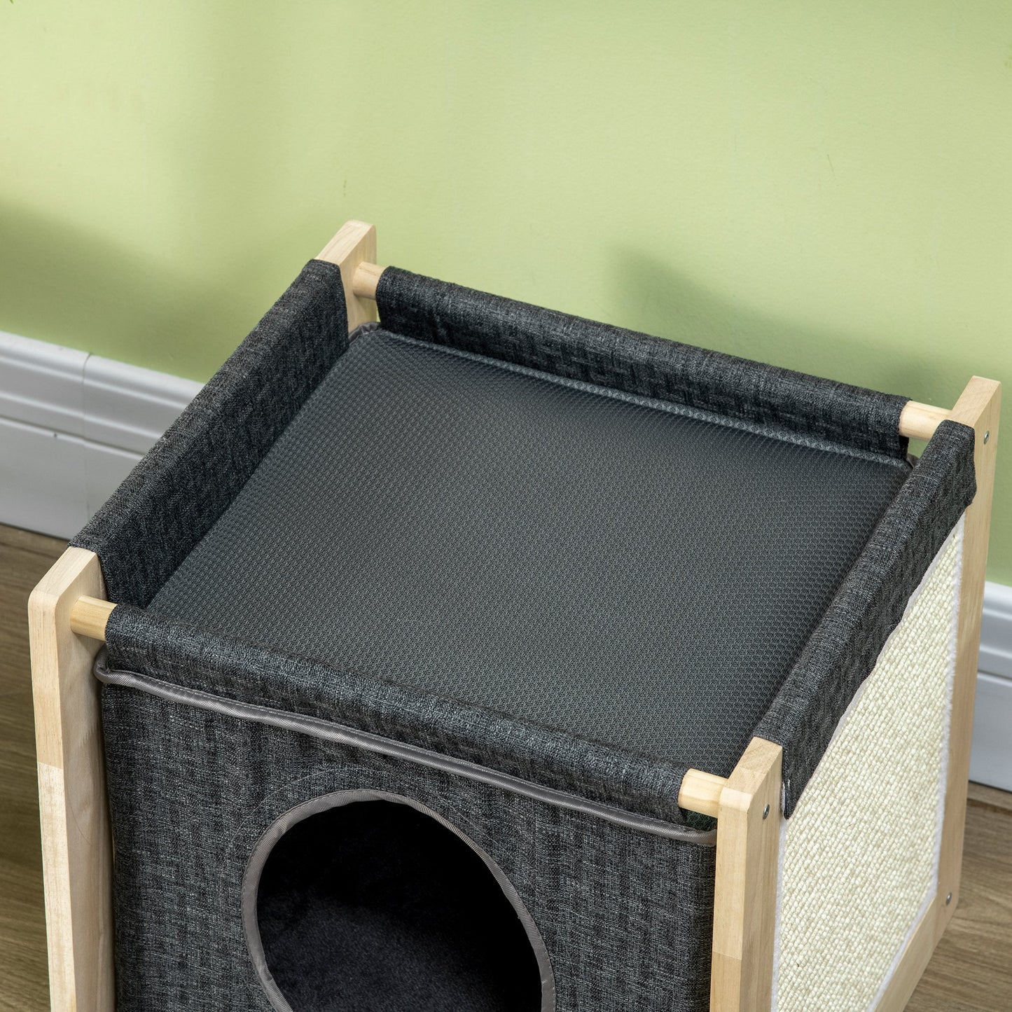 Pawhut Cama Cueva Para Gatos De Madera Con Cojín Extraíble 40x40x40,5 Cm Gris_3