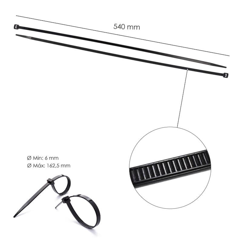 Brida Nylon 100%. Color Negro 7,8 X 540 Mm. Bolsa 100 Unidades. Abrazadera Plastico, Organizador Cables, Alta Resistencia