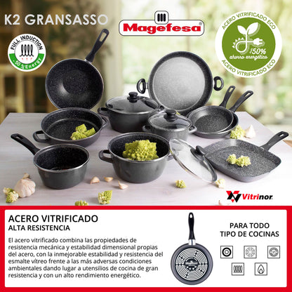 Bateria De Cocina 7 Piezas San Ignacio Faro De Acero Inoxidable Con Juego De Sartenes (18/20/24 Cm) Magefesa K2 Gransasso En Acero Esmaltado