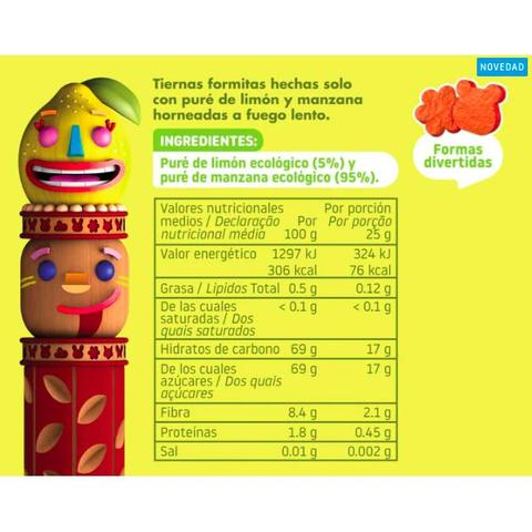 Embalagem de 2 snacks biológicos de maçã e limão, 25g, Triboo 