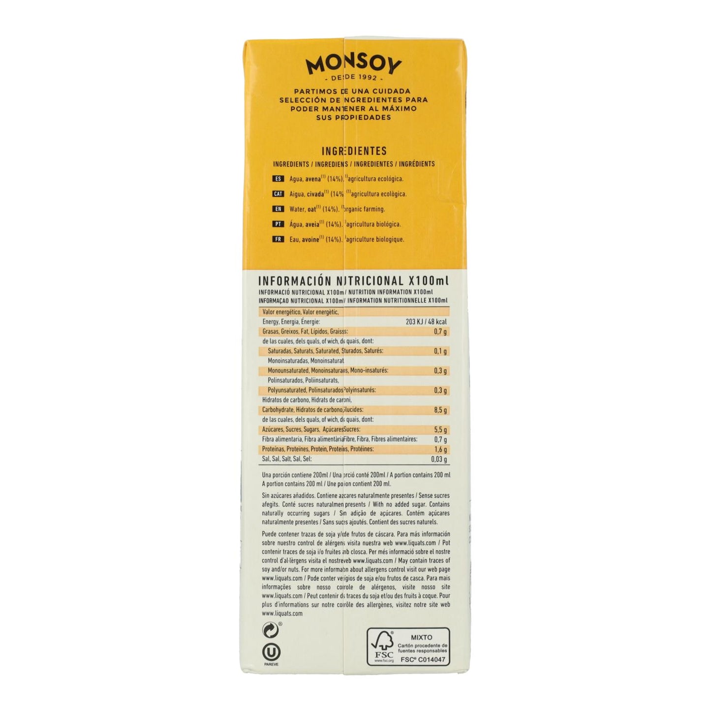 Pack 6uds Bebida BIO de avena sin gluten Monsoy  1 L