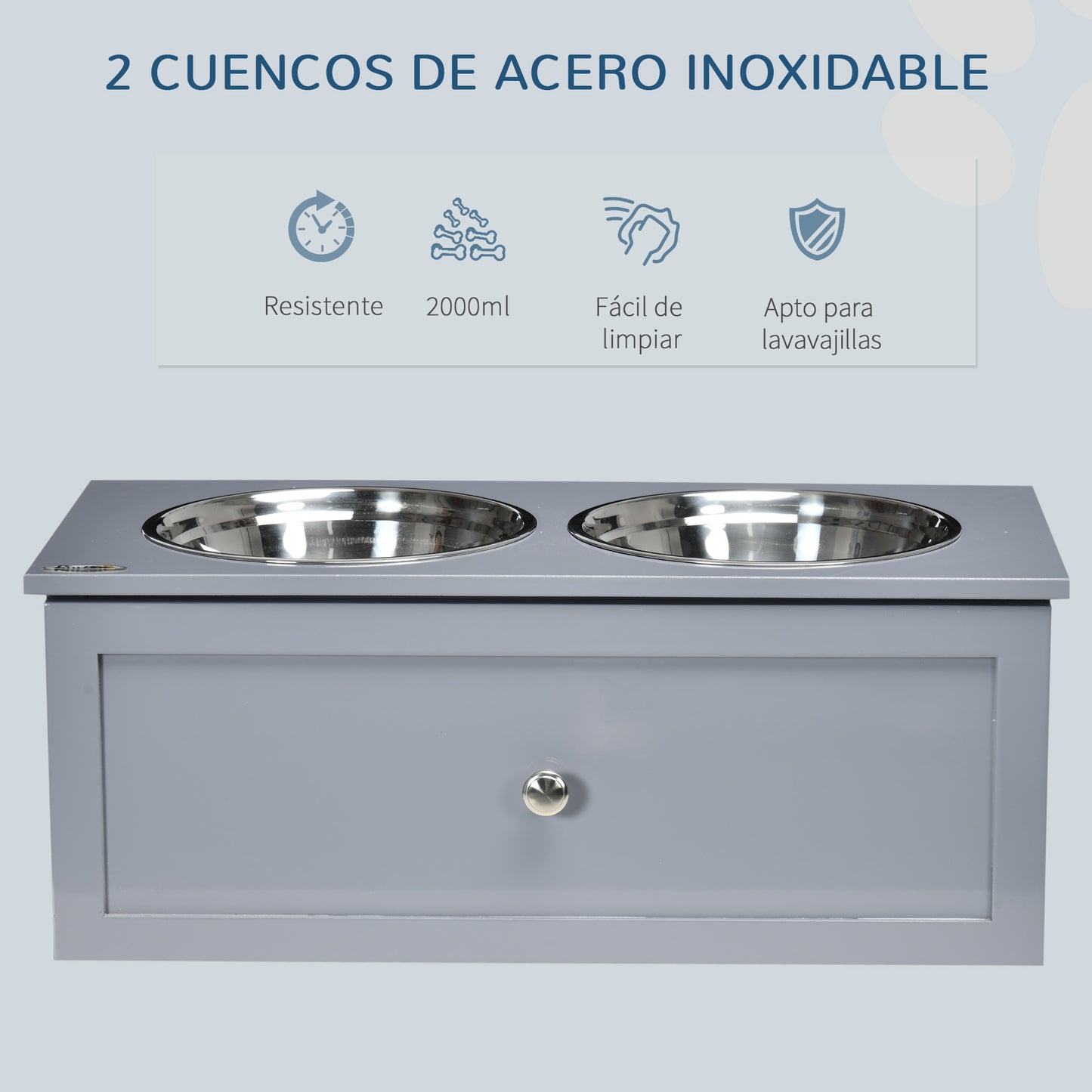 Pawhut Comedero Elevado Para Perros Con 2 Cuencos De 2l Y Cajón 63x30x24 Cm Gris_5