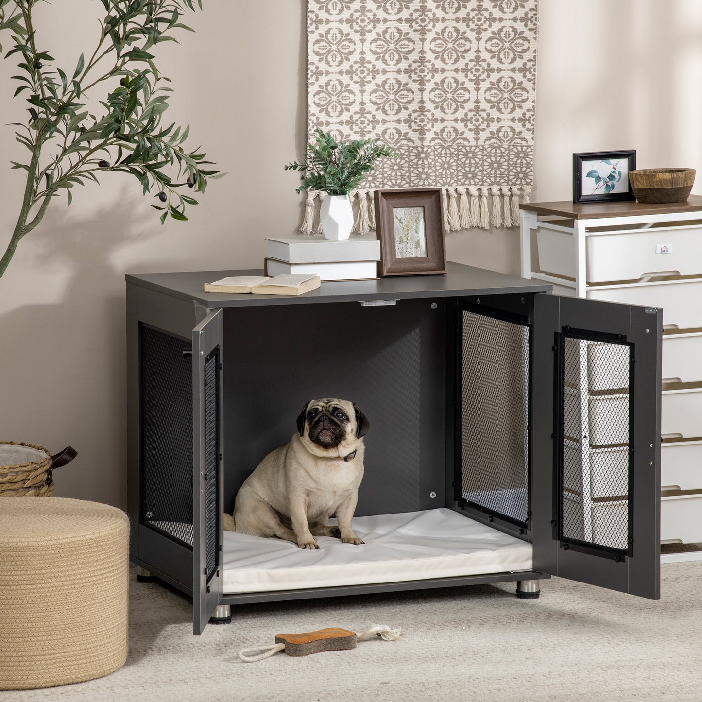 Pawhut Jaula Para Perros Mesa Auxiliar Con 2 Puertas Con Pestillo 80x55x70 Cm_1