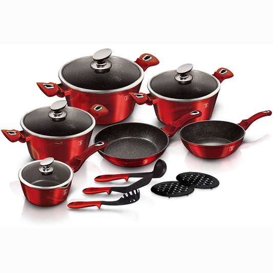 Batería Cocina Inducción 15 Piezas Antiadherente Sin Pfoa Aluminio Cazuelas Sartenes Utensilios Berlinger Haus Burgundy Rojo_0
