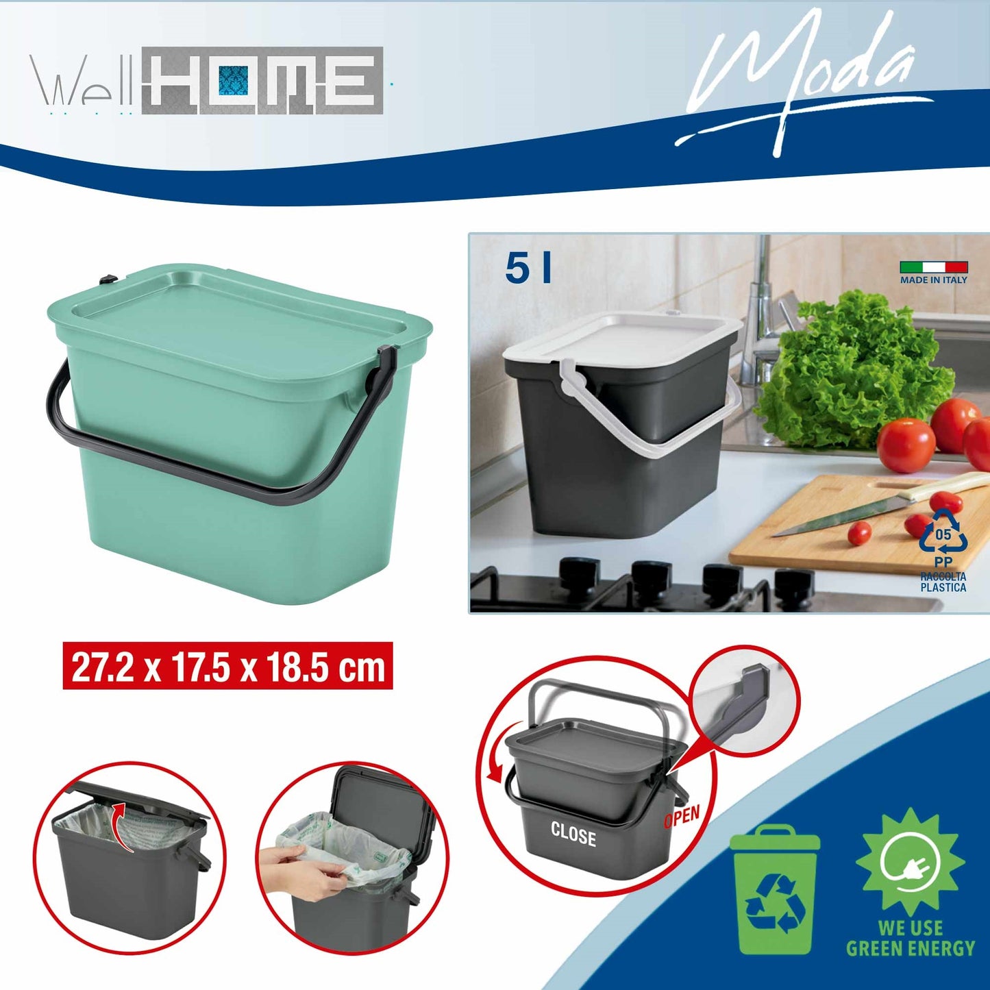 Set De 4 Papeleras moda 5l/10l/25l/40l Salvia Con Asa_1