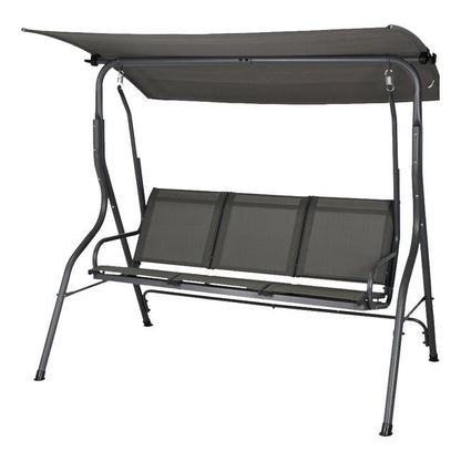 Banco de baloiço de três lugares com tejadilho.