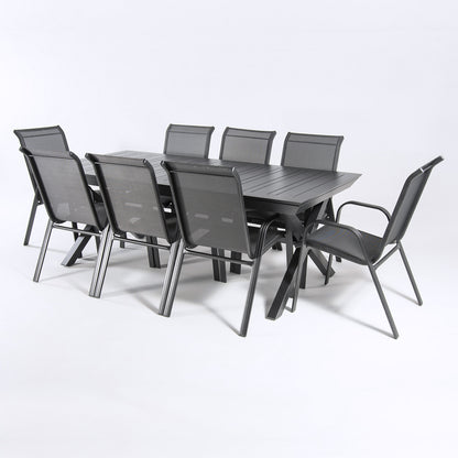 Conjunto De Exterior, Mesa Jardín Extensible 215/295 Cm Y 8 Sillones Apilables Con Respaldo De 98 Cm, Aluminio Color Antracita, 8 Plazas_2