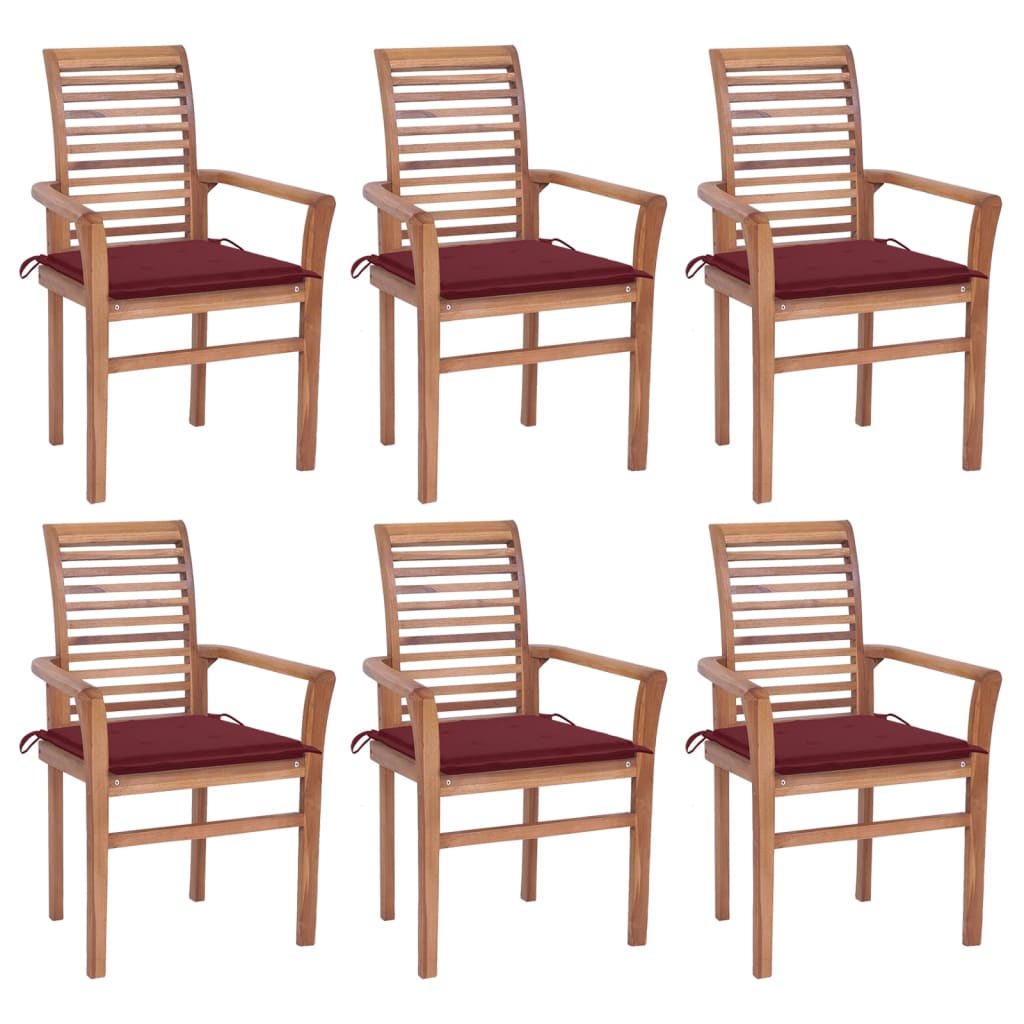 Vidaxl Sillas De Comedor 6 Uds Madera Maciza Teca Y Cojines Rojo Tinto_0