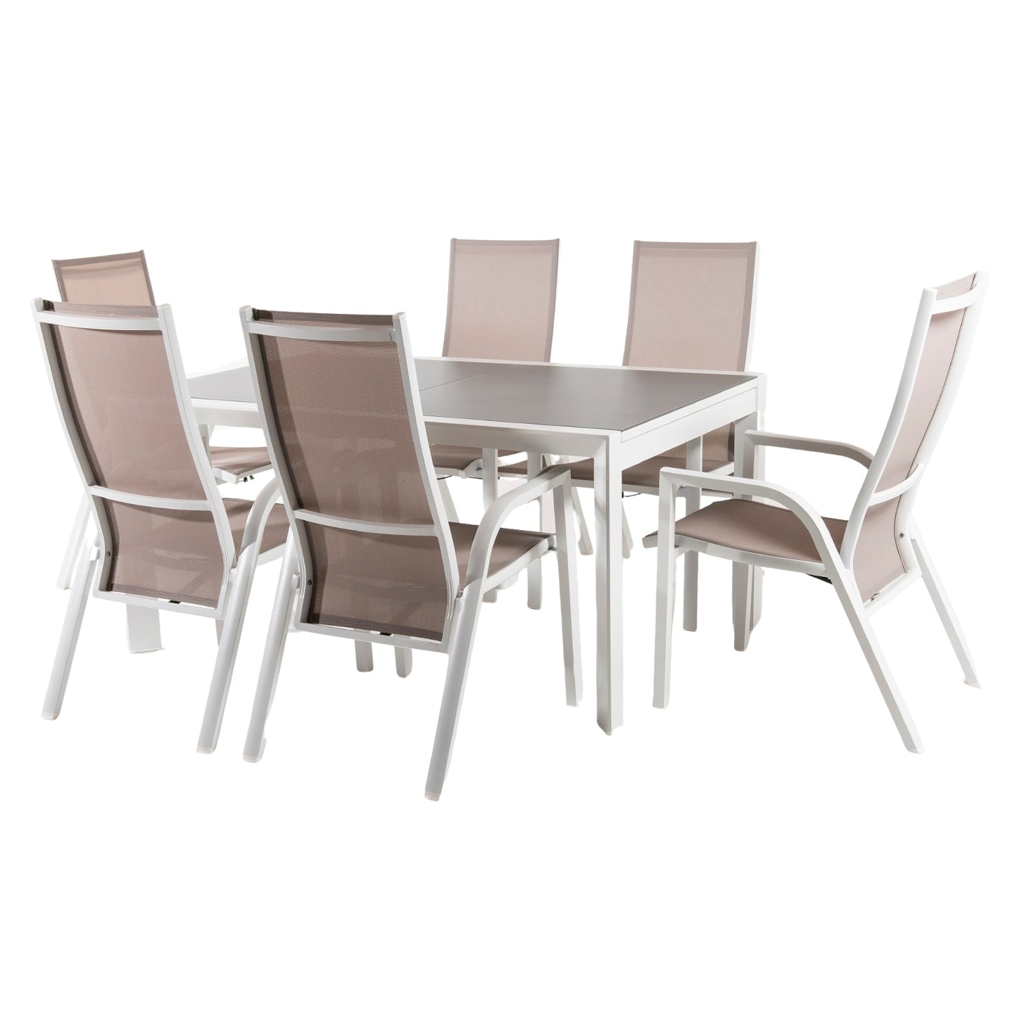 Conjunto De Jardín, Mesa Extensible 160/210 Cm Y 6 Sillones Reclinables, Aluminio Blanco, Textilene Taupé, Cristal Mate, Templado Y Grueso Color Taupé_0