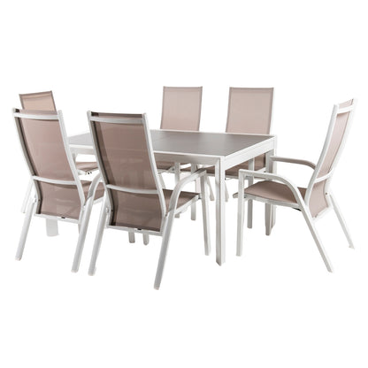 Conjunto De Jardín, Mesa Extensible 160/210 Cm Y 6 Sillones Reclinables, Aluminio Blanco, Textilene Taupé, Cristal Mate, Templado Y Grueso Color Taupé_0