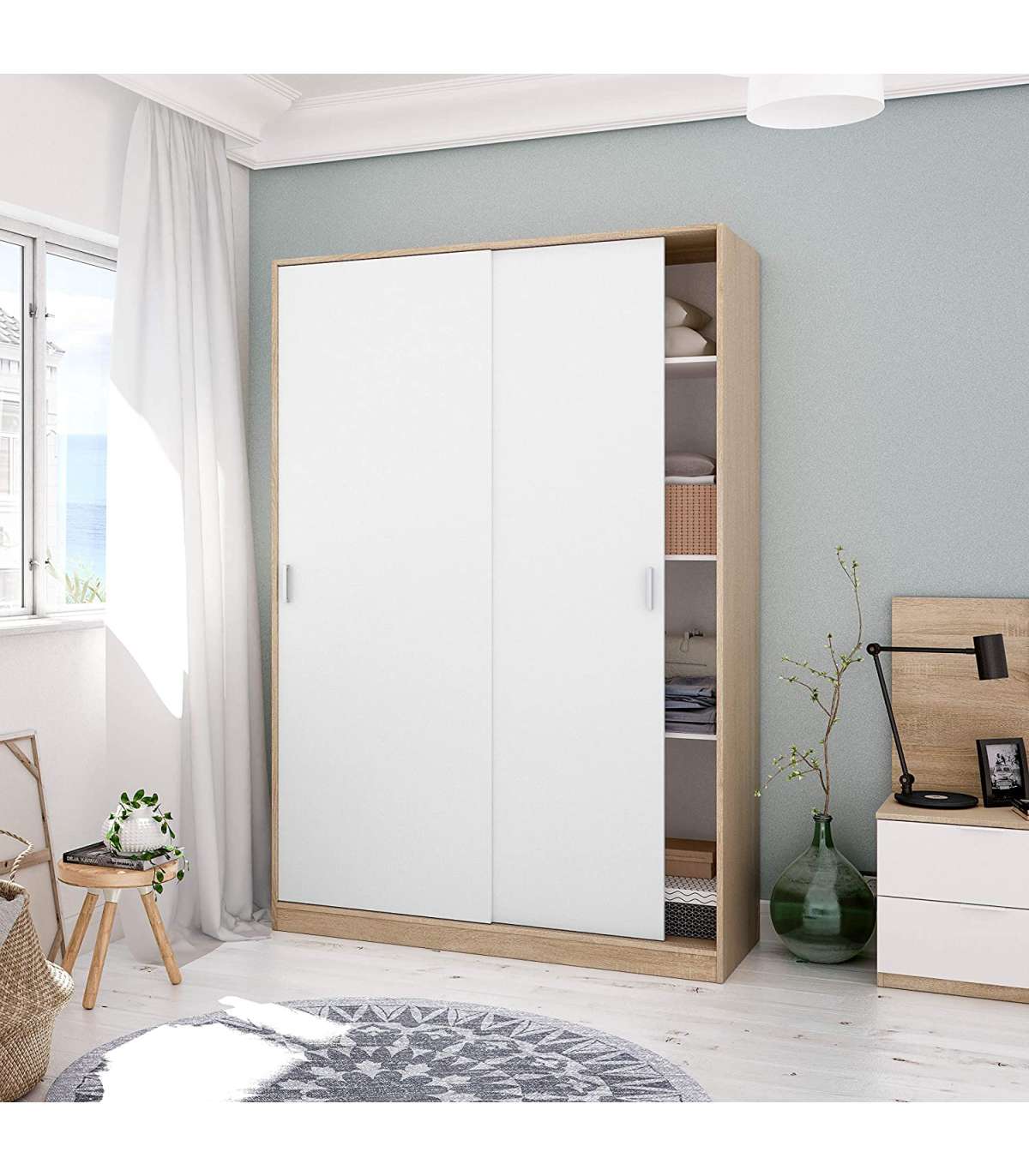 Armario Ropero Puertas Correderas Plus Noon Acabado Roble Combinado Con Blanco 200 Cm(alto_1