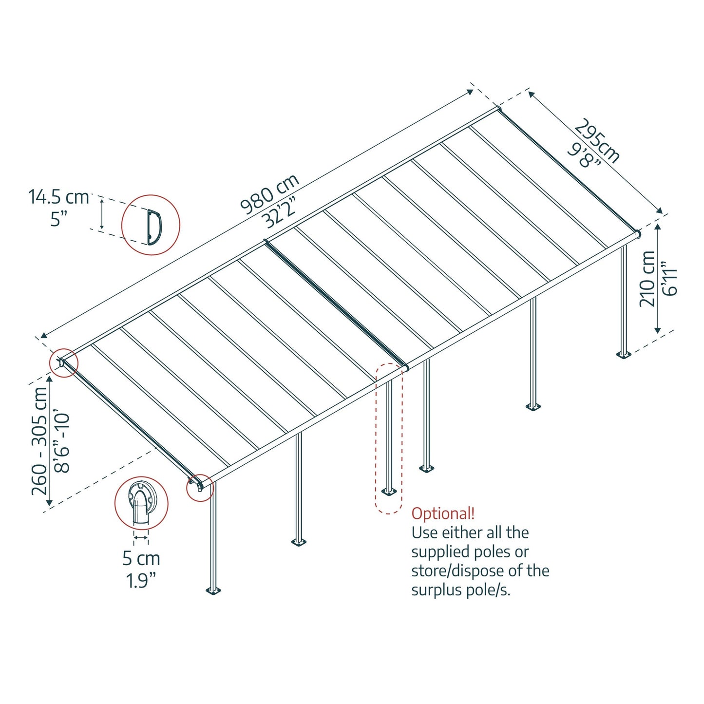 Pérgola anexa Capri 299x980 cm cinzento Canopia da Palram 