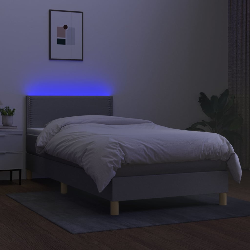Cama Box Spring Colchón Y Luces Led Tela Gris Claro 90x200 Cm / Vetonek_0