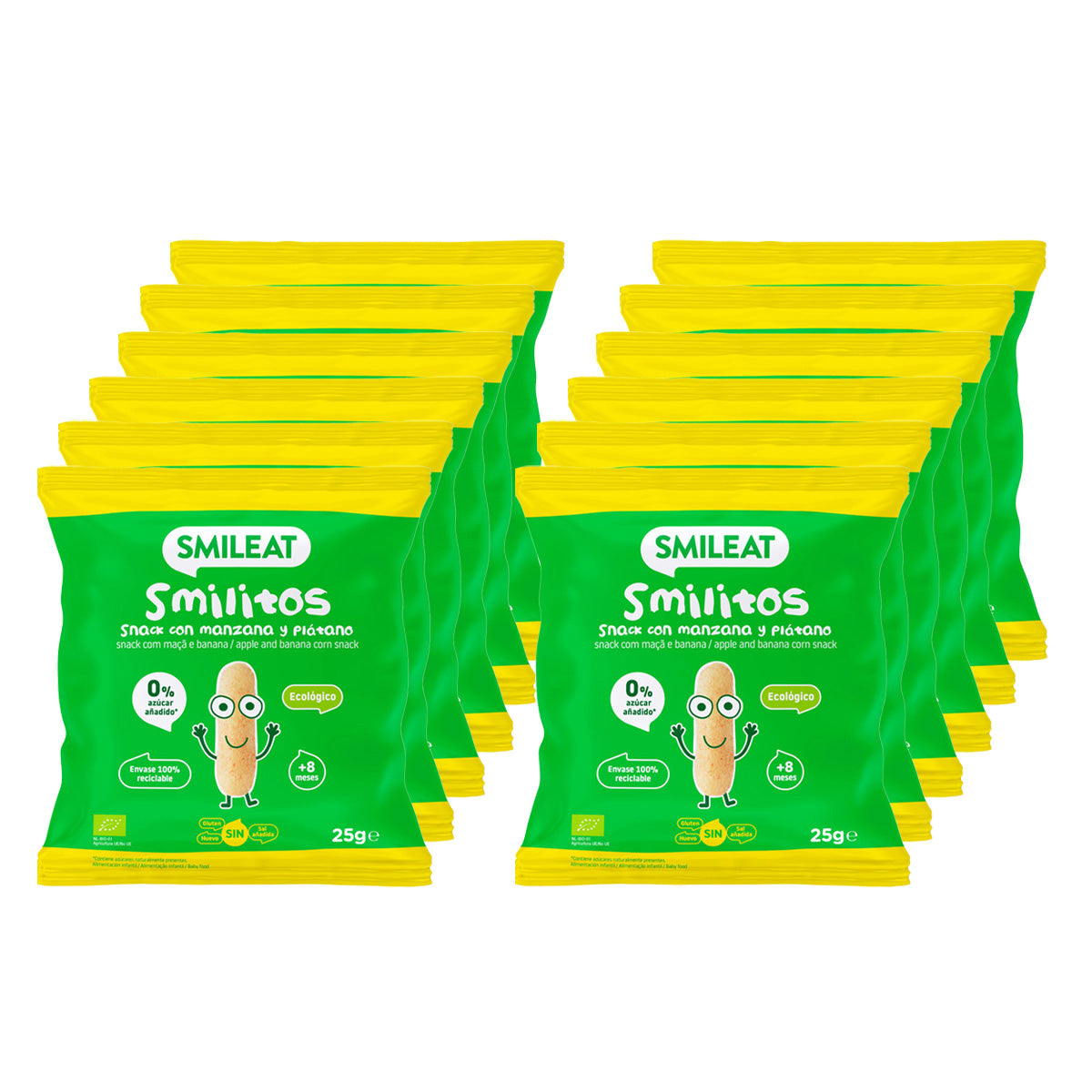 Embalagem de 12 Smilitos, snacks de maçã e banana, Smileat, 25g 