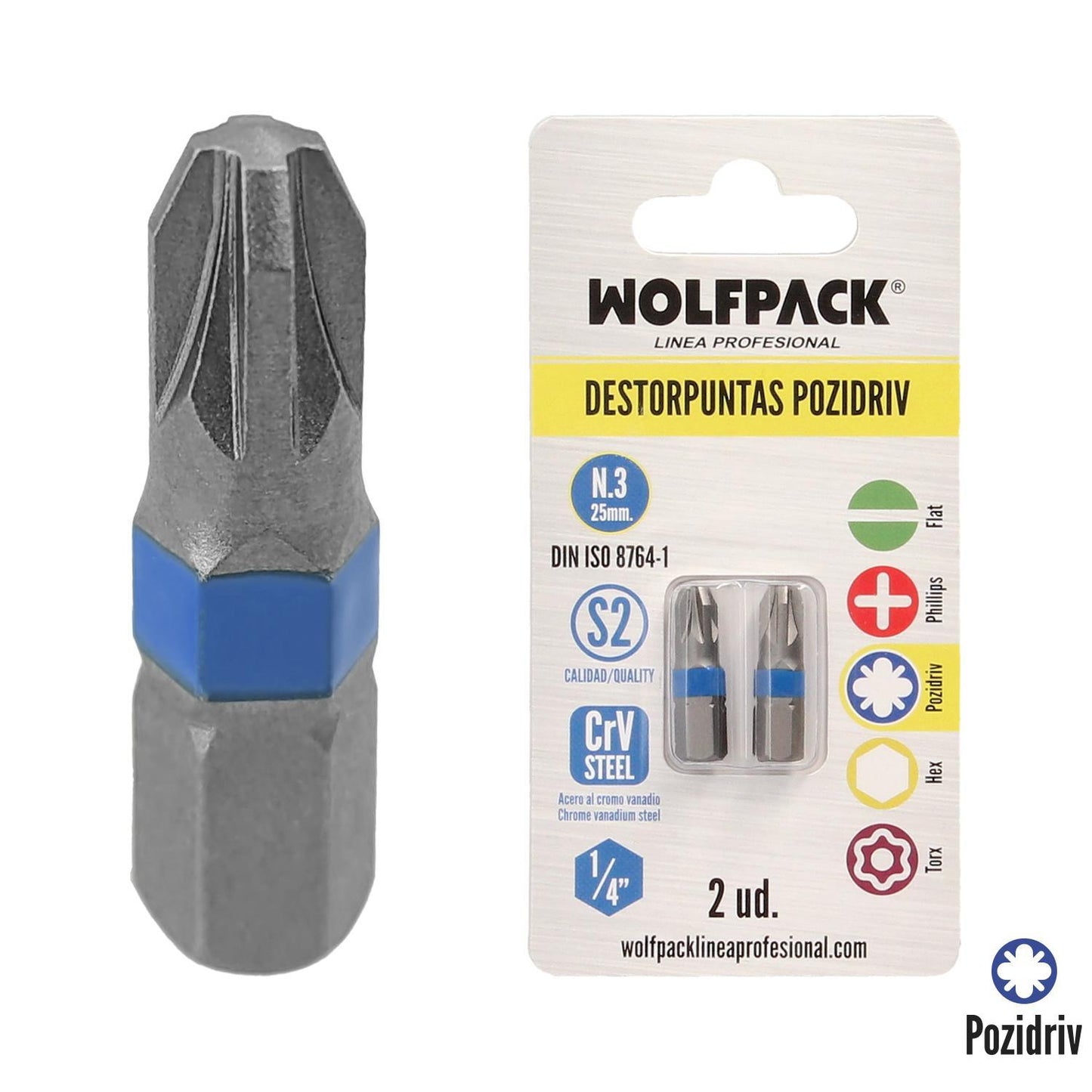 Puntas Destornillador Pozidriv Nº 3 (2 Piezas). Acero S2 Al Cromo Vanadio. Puntas Hexagonales, Destorpuntas,
