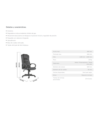 Sillón Despacho Negro Giratorio Lawyer 64cm(ancho) 118/126cm(altura) 64cm(fondo)._3