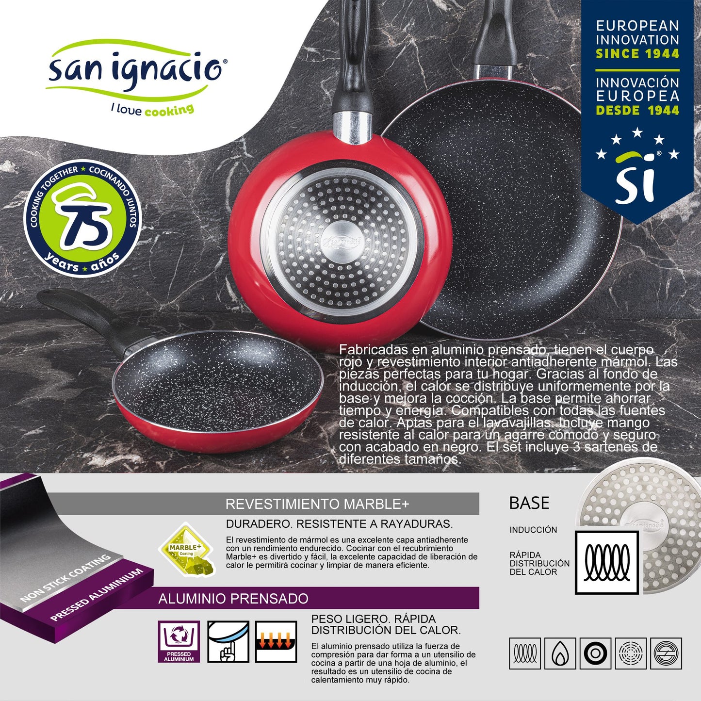 Pack De 3 Sartenes San Ignacio  Ø16cm Ø20cm Ø24cm + Batería De Cocina De 7 Piezas En Acero Inoxidable