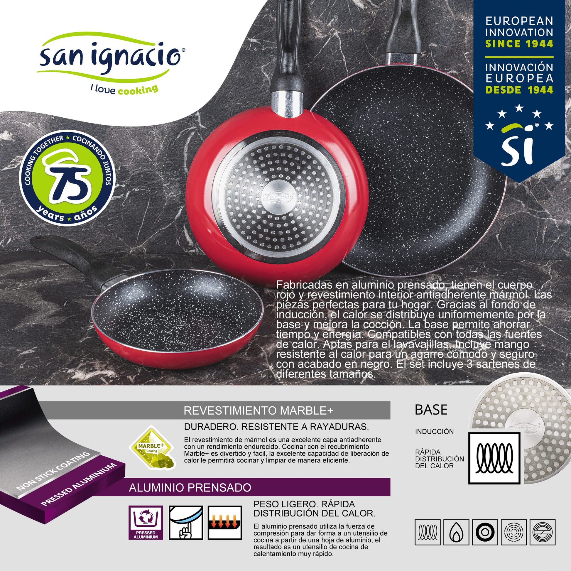 Pack De 3 Sartenes San Ignacio  Ø16cm Ø20cm Ø24cm + Utensilio Multiusos Con 4 Moldes Intercambiables + 20 Bandejas De Conservación