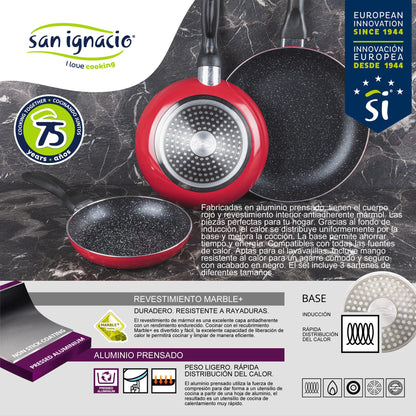 Pack De 3 Sartenes San Ignacio  Ø16cm Ø20cm Ø24cm + Utensilio Multiusos Con 4 Moldes Intercambiables + 20 Bandejas De Conservación