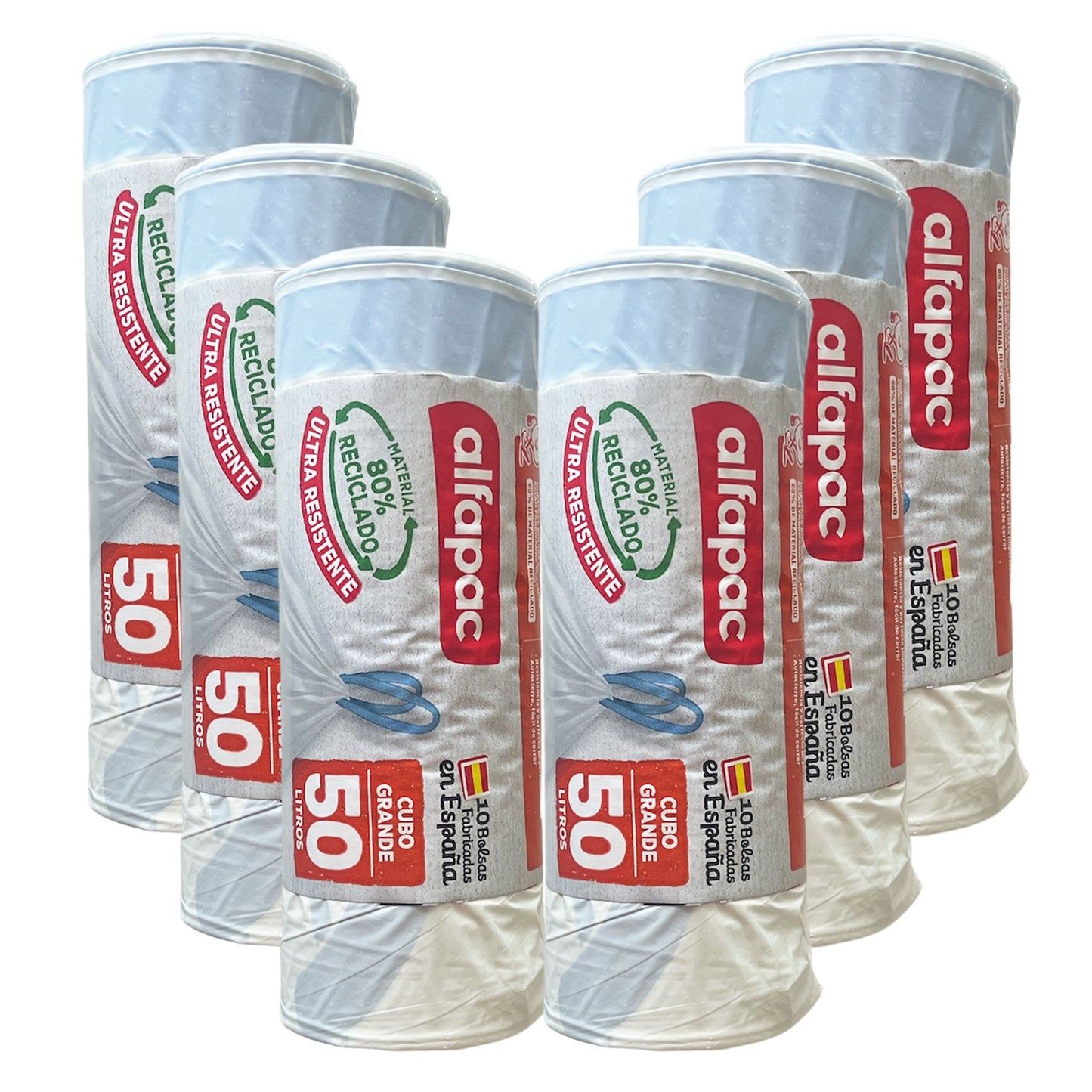 80% Reciclado 6 Rollos De 10 Bolsas De Basura De 50l Con Autocierre