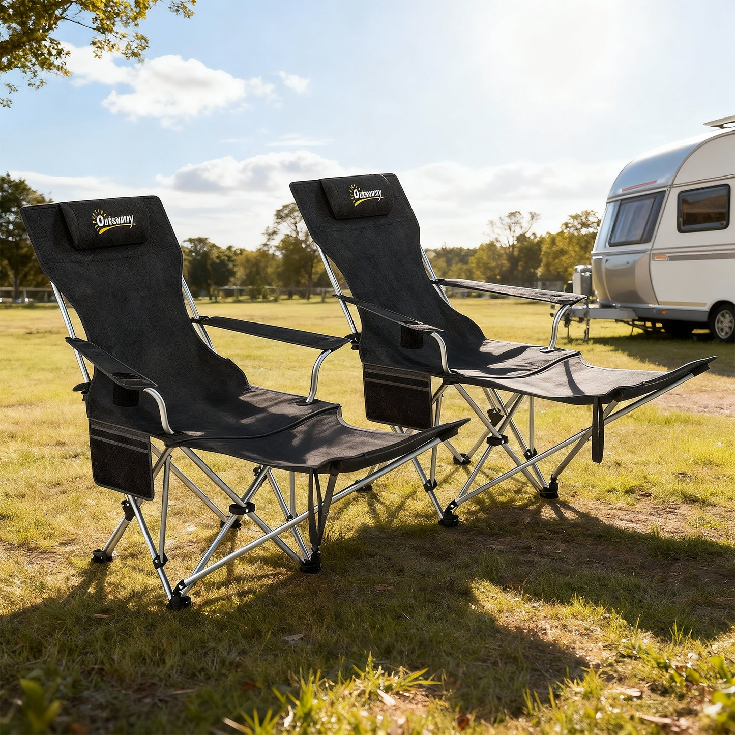 Outsunny Conjunto De 2 Sillas Plegables Camping Con Reposapiés Desmontable Negro_1