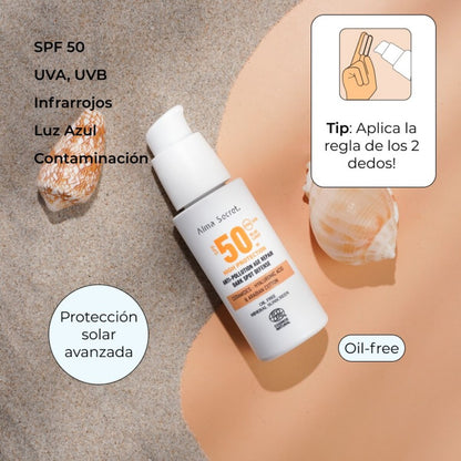 Solar Facial Golden SPF 50 con ceramidas, antimanchas y Oil-Free, Alma secret, 50 ml