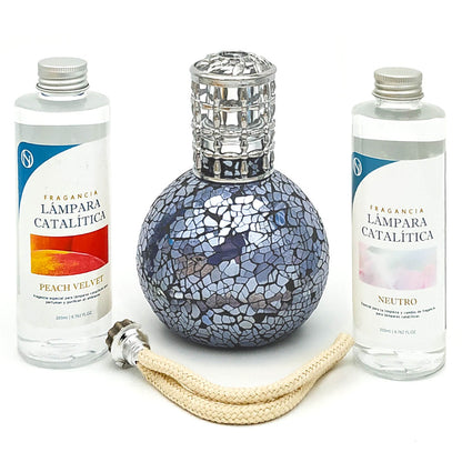 Pack Lámpara Catalítica Mosaico Azul Océano + Fragancia Peach Velvet 500ml + Limpiador Neutro 200ml + Mecha De Repuesto_0