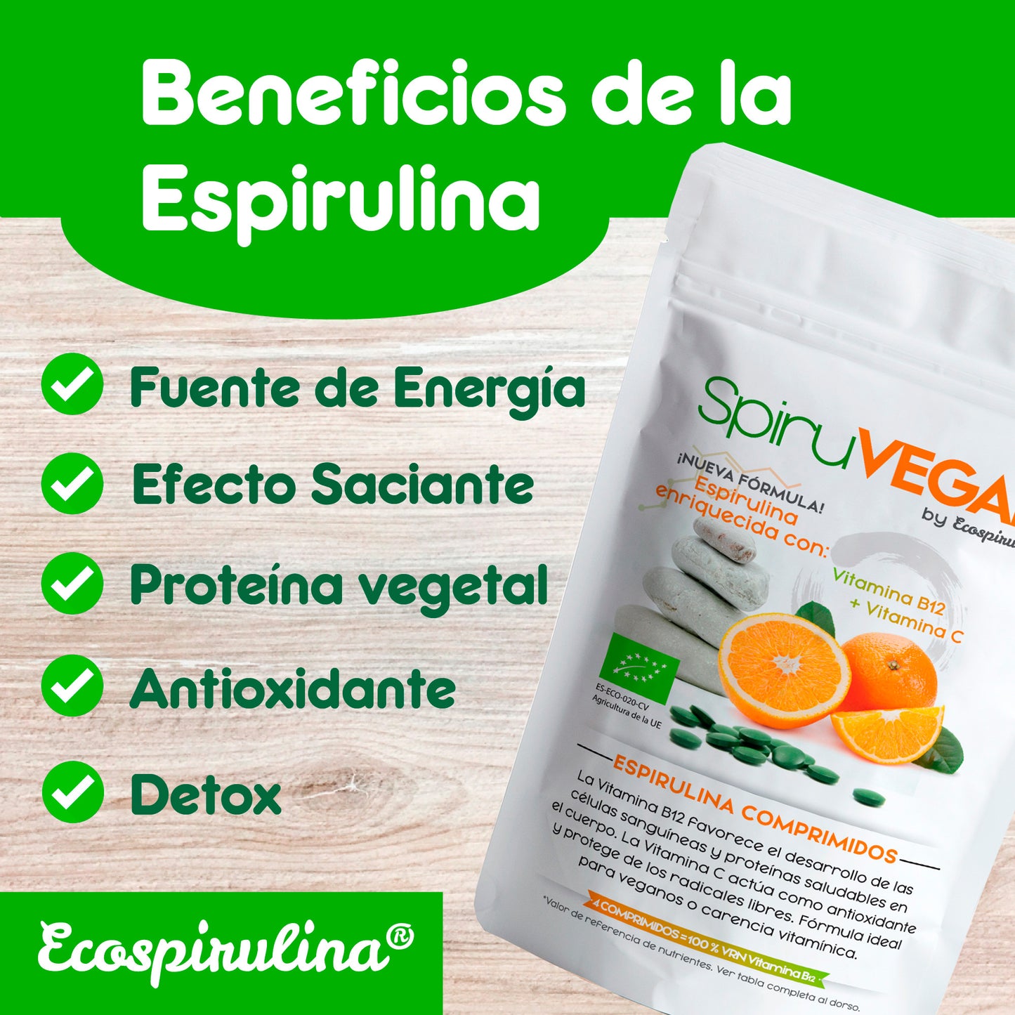 Spiruvegan Espirulina Ecológica Enriquecida Con Vitaminas B12 Y C Ecospirulina 200 Comprimidos_2