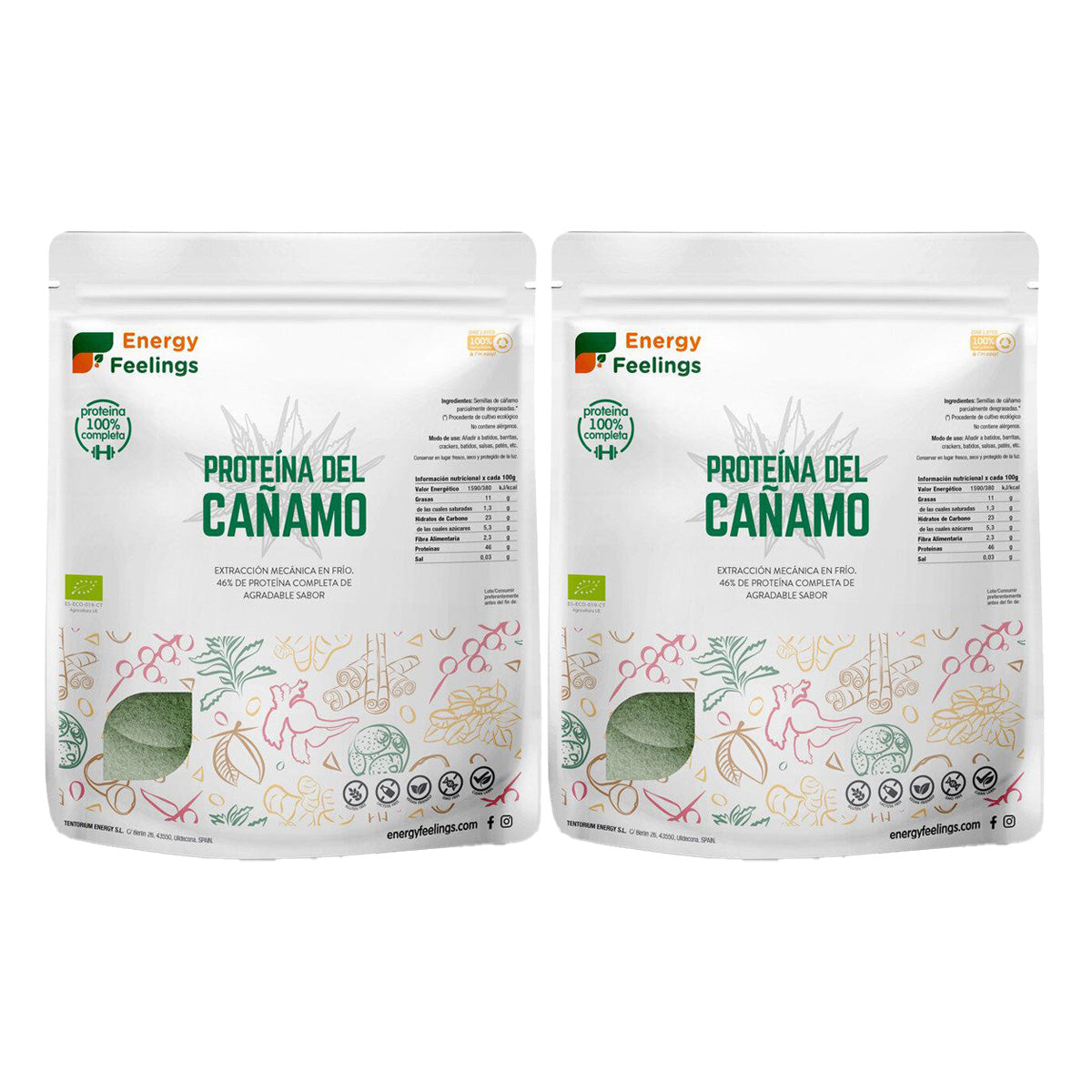Embalagem de 2x ECO Energy Feelings Proteína de Cânhamo 1 Kg