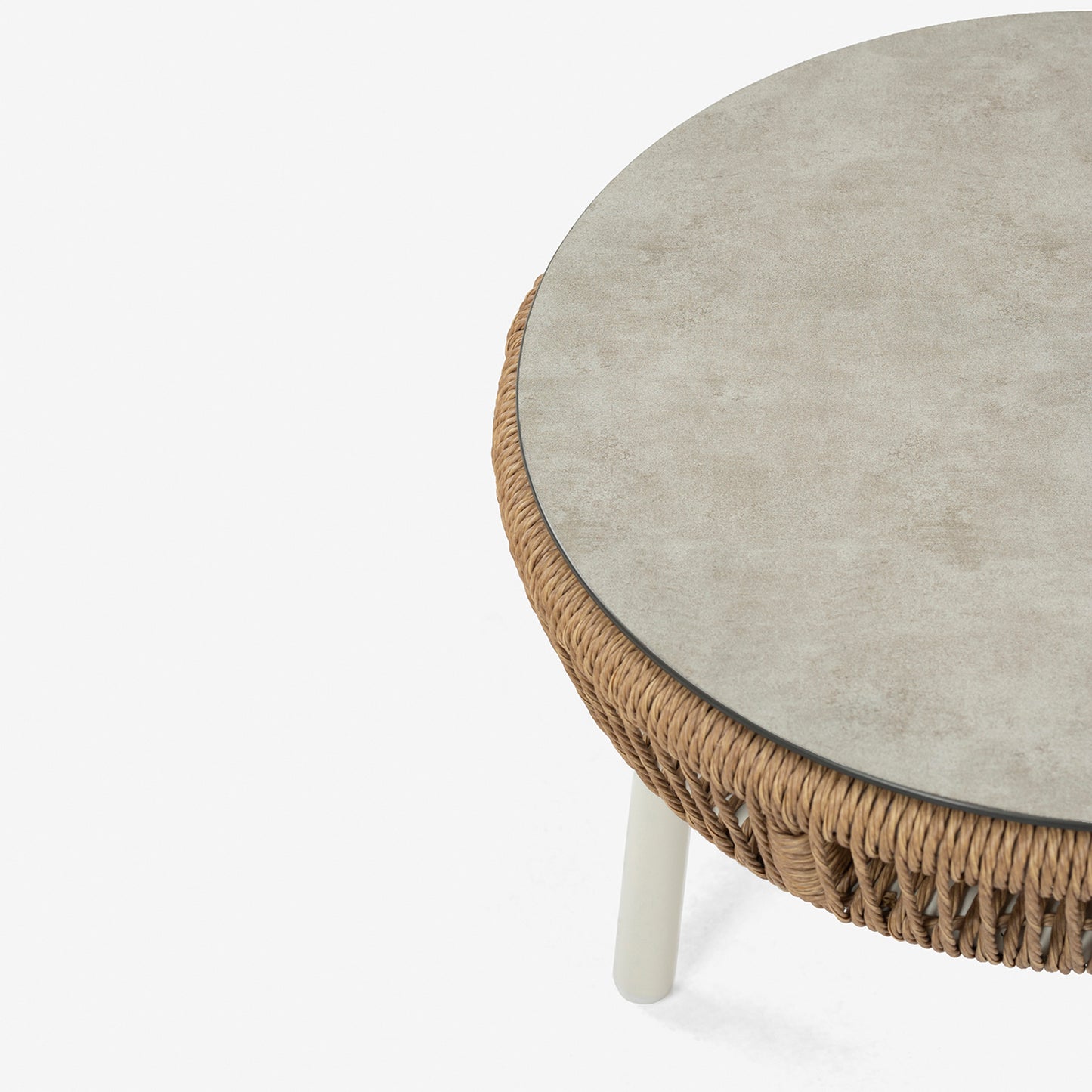Mesa Auxiliar Cristal Templado, Ratán Tipo Cuerda, Aluminio Y Ratán Sintético Redondo, Color Blanco, 49x47cm Alto_3