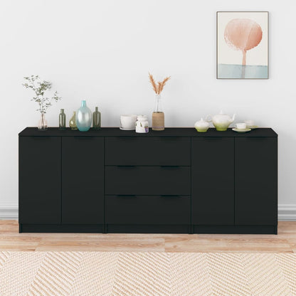 Aparador De 3 Piezas Madera Contrachapada Negro_0