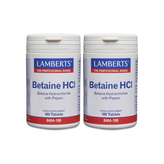 Embalagem de 2 x Betaína HCl 324mg/Pepsina 5mg Lamberts, 180 comprimidos