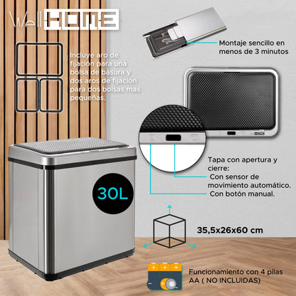 Cubo Inteligente 30l Sin Patas Apertura Auto Gris_1