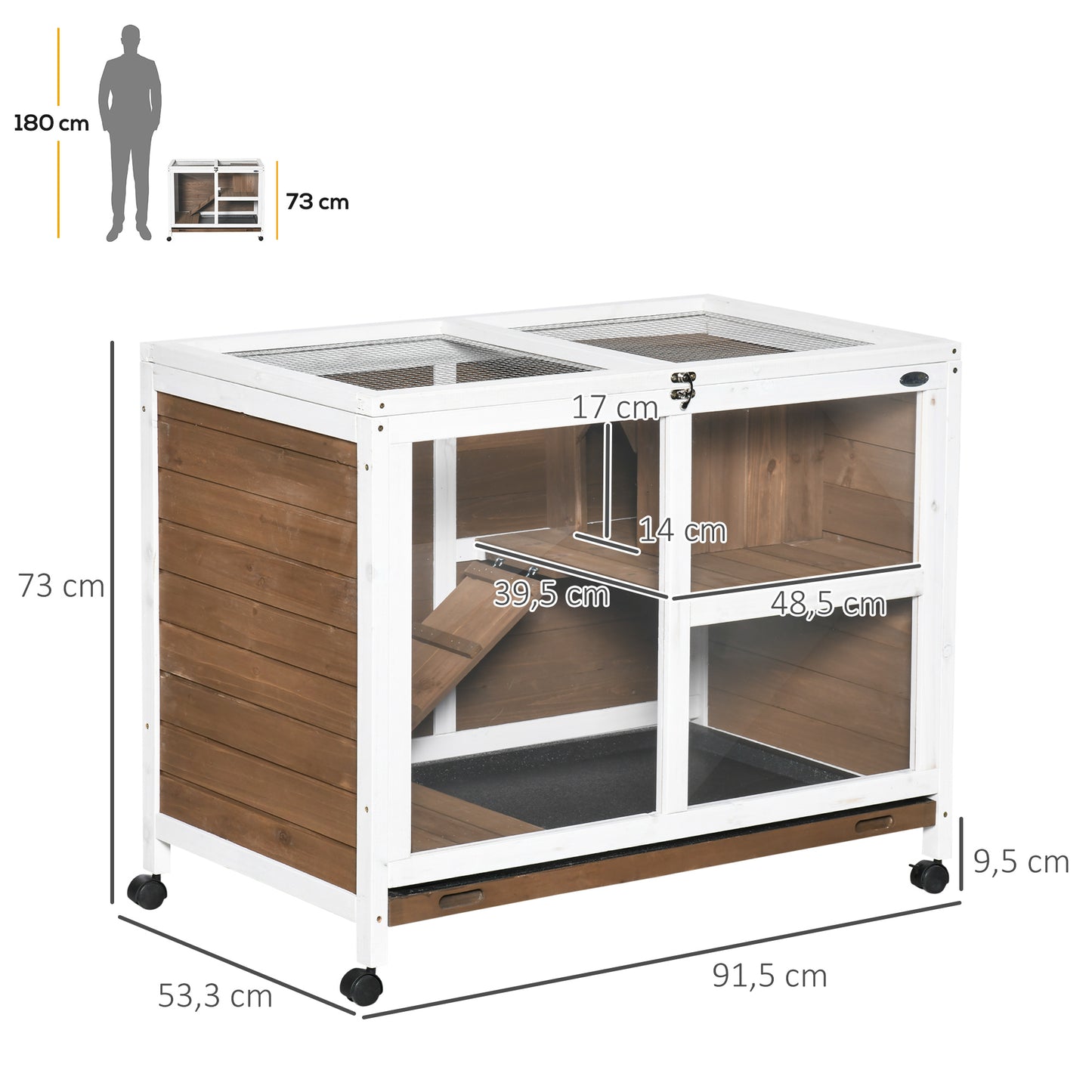 Pawhut Conejera De Madera Con Ruedas 91,5x53,3x73 Cm Techo Abatible Bandeja_2