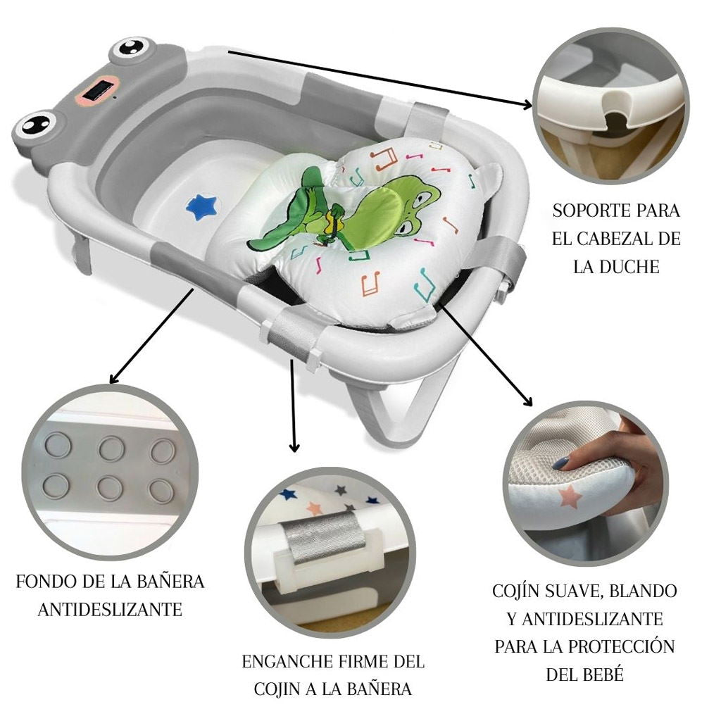Bathby Bañera Plegable Para Bebés Recién Nacidos, Cojín Rana, Termómetro, Patas Antideslizantes (gris Rana)_4