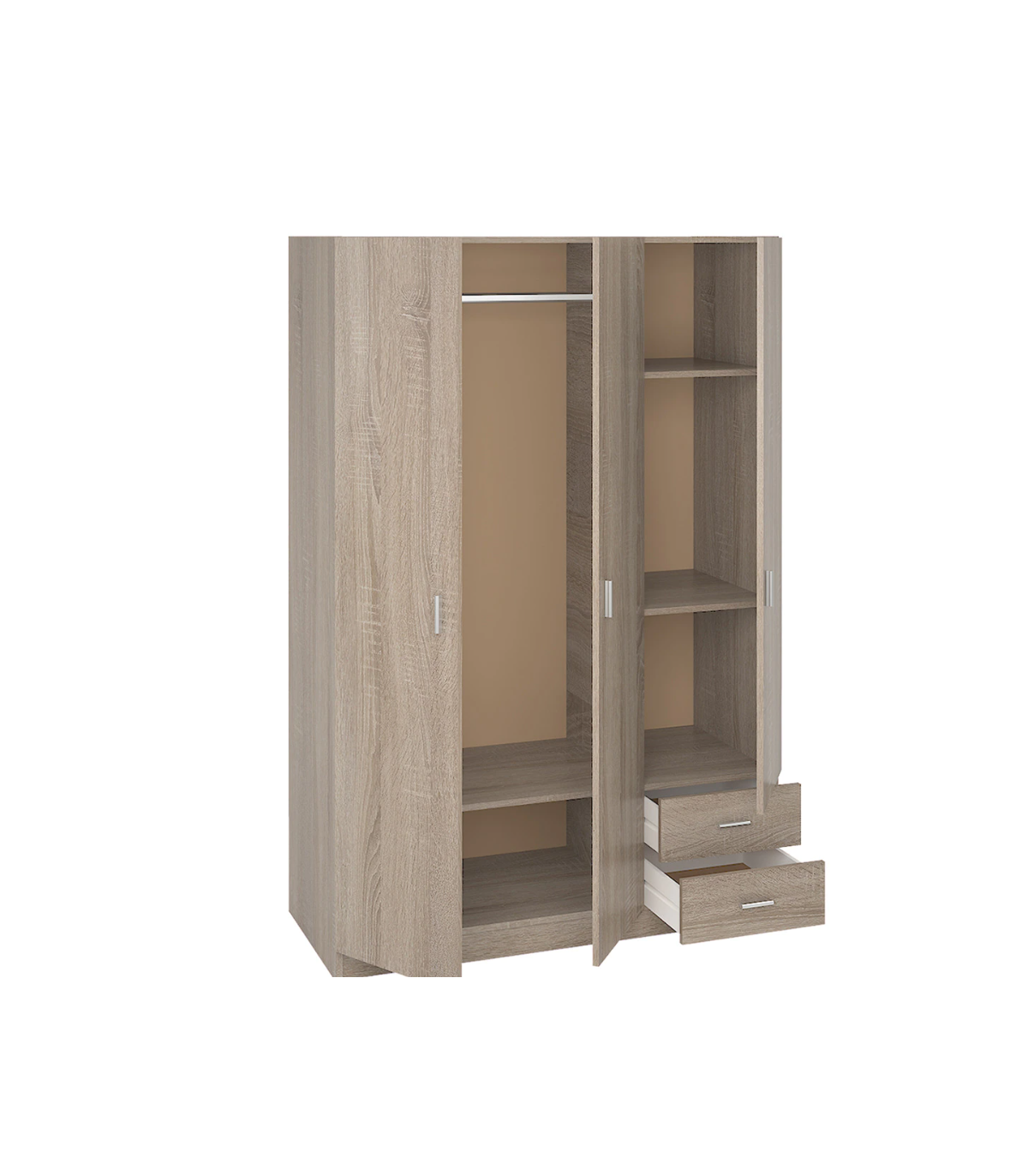 Armario 3 Puertas Abatibles 2 Cajones Acabado Roble, 180 Cm(alto)120 Cm(ancho)52 Cm(fondo)_1
