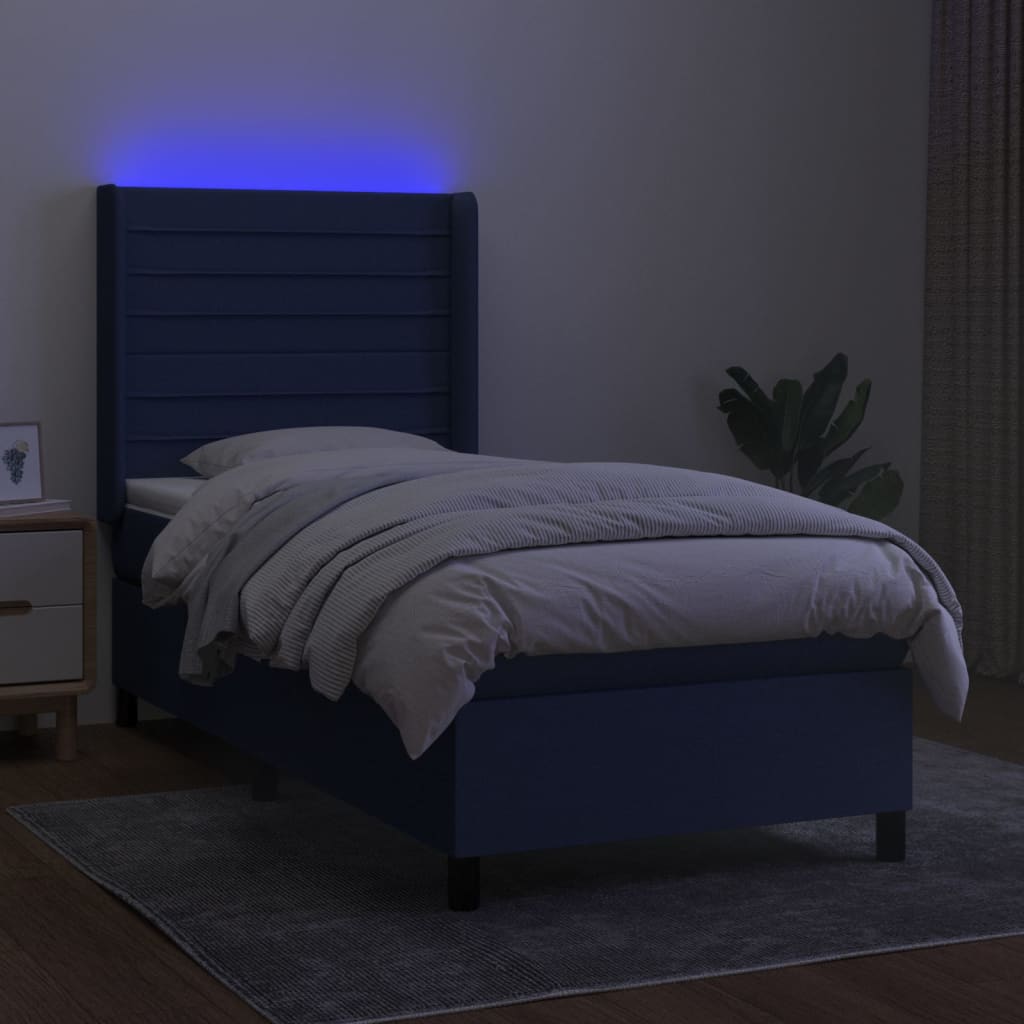 Cama Box Spring Colchón Y Luces Led Tela Azul 100x200 Cm / Vetonek_3