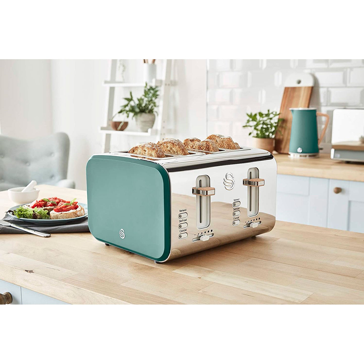 Swan Nordic Tostadora Pan Ranura Ancha 4 Rebanadas, 3 Funciones, 6 Niveles, Diseño Moderno, St14620greneu, Verde 1500w_1