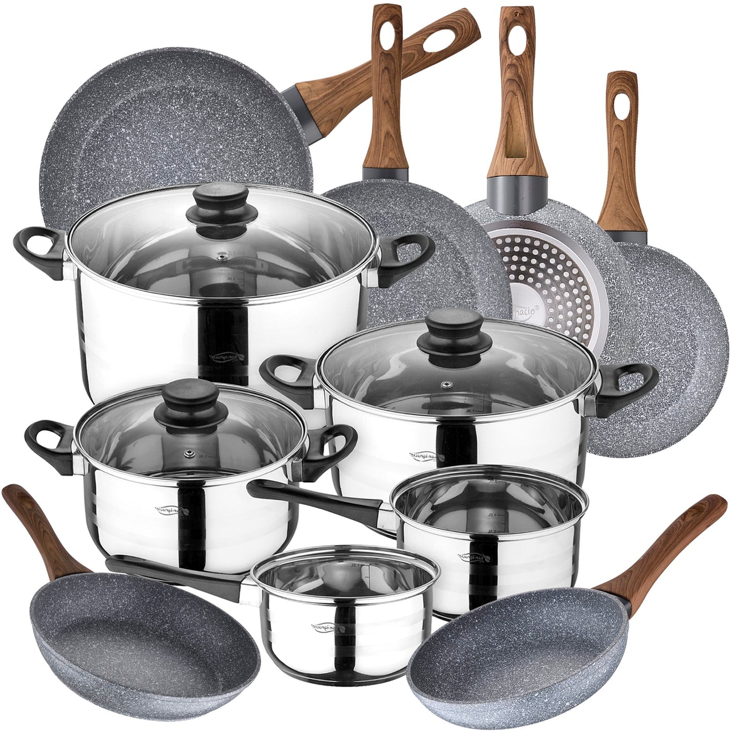 Bateria De Cocina 8 Piezas San Ignacio Toledo De Acero Inoxidable Con Juego De Sartenes (18/20/22/24/26/28 Cm) Daimiel En Aluminio Forjado_0